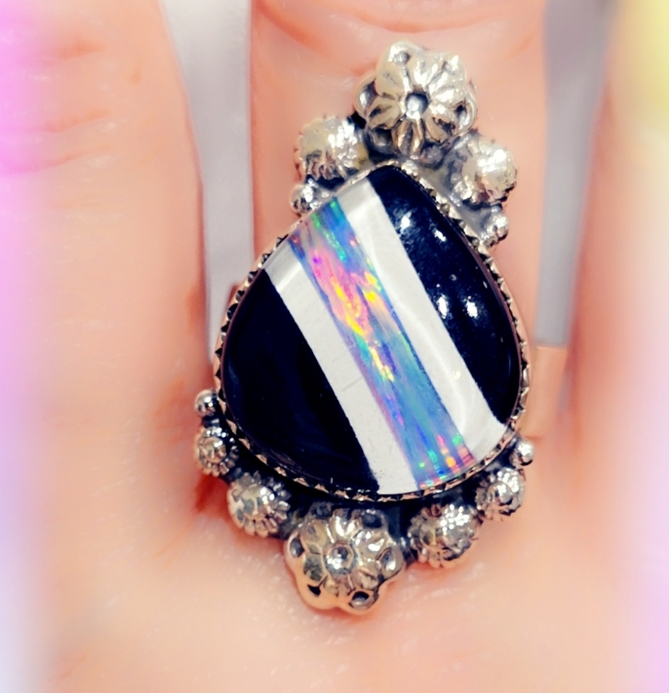 Opal & Onyx Sterling Gemstone Ring